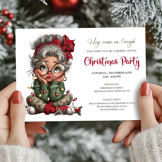 Invitación divertida y festiva de Navidad de la ab (Festive Funny Grandma Christmas Event Invitation)