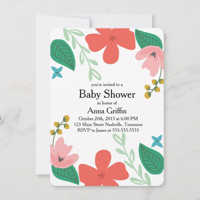 Invitación divertida y floral a Baby Shower (Anverso)