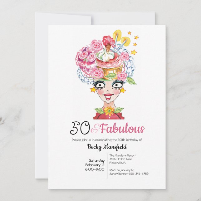 Invitación Divertido 50 y fabuloso Lady Gorra Multi Pink (Anverso)