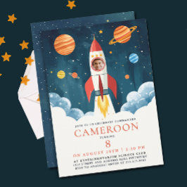 Invitación Divertido Astronauta Cohete Rojo Azul Galaxia Espa