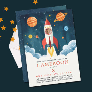 Invitación Divertido Astronauta Cohete Rojo Azul Galaxia Espa
