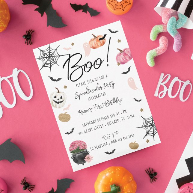 Invitación ¡Divertido Boo! Fiesta de cumpleaños de Halloween  (Fun Boo! Spooktacular Halloween Birthday Party Invitation)