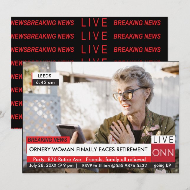 Invitación Divertido Breaking News Retirement 🎉 Fiesta (Anverso / Reverso)