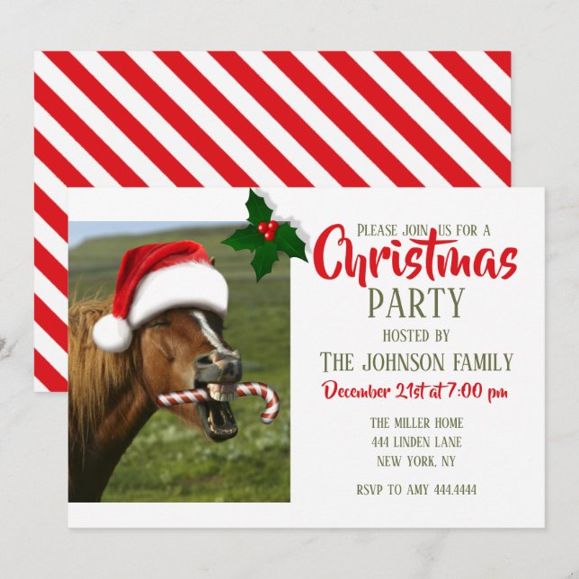 Invitación Divertido caballo de Navidades con sombrero Santa  (Anverso / Reverso)