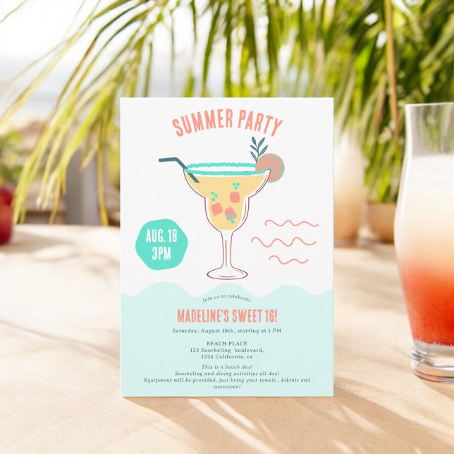 Invitación Divertido Cóctel ilustracion playa de verano Sweet (Fun Cocktail illustration summer beach Sweet 16 Invitation)