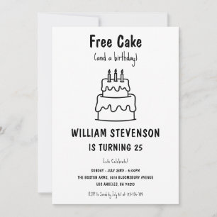 Invitación Divertido Cumpleaños 25 con Tarta Gratis Simple y