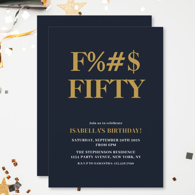Invitación Divertido cumpleaños 50 F palabra humorística (Celebrate the big Five Oh! with humor and style. )