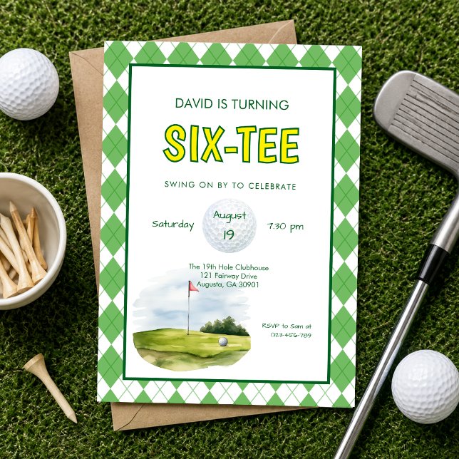 Invitación Divertido Cumpleaños 60 Golf Six-tee (Six-tee funny golf 60th birthday invitation)