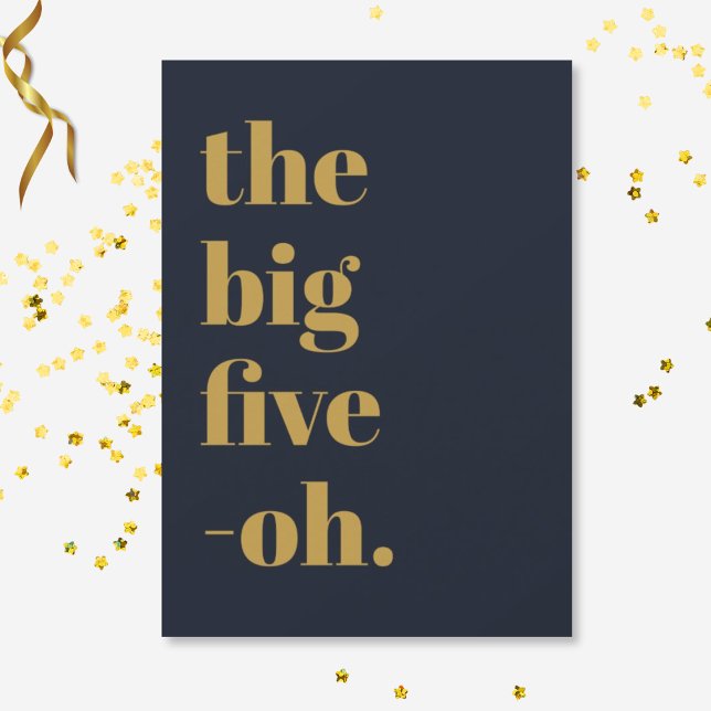Invitación Divertido Cumpleaños Big Five-Oh Navy Azul Dorado (Front of invitation)