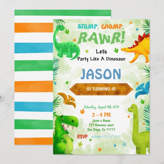 Invitación Divertido cumpleaños de Dinosaur (Anverso / Reverso)