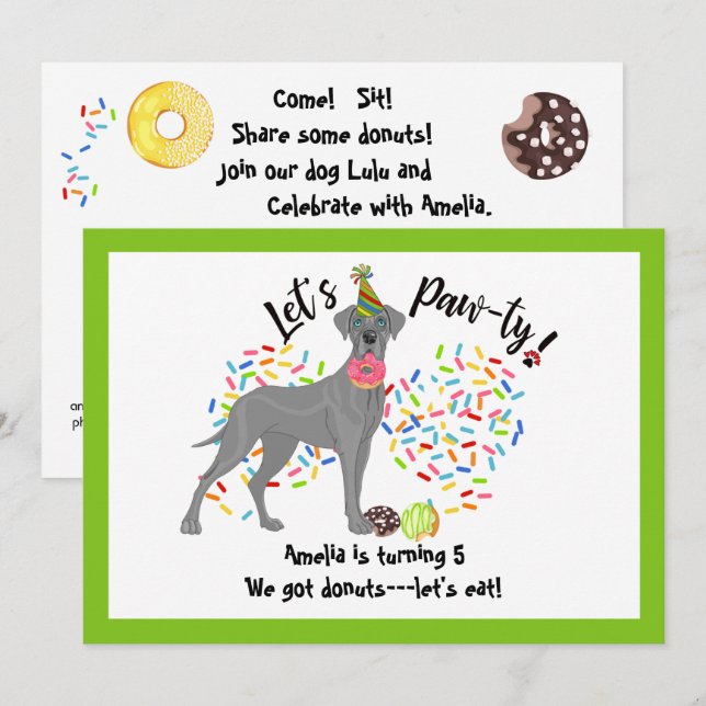 Invitación Divertido cumpleaños de donuts de perro, el gran M (Anverso / Reverso)