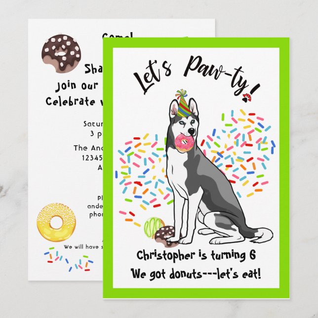 Invitación Divertido cumpleaños de Husky Donuts Siberiano (Anverso / Reverso)
