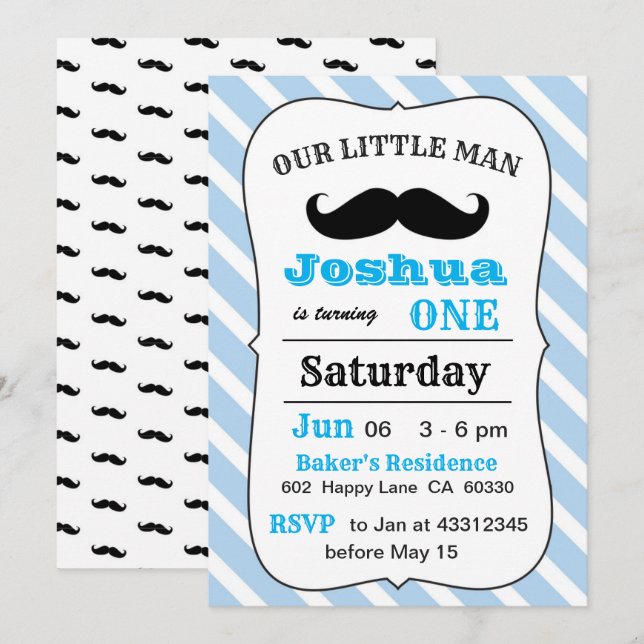 Invitación Divertido cumpleaños de Mustache (Anverso / Reverso)