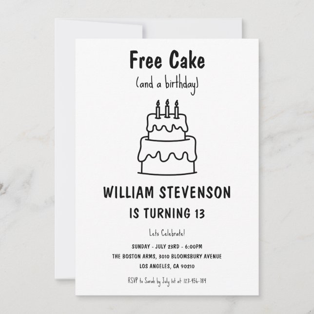 Invitación Divertido Cumpleaños Número 13 con Tarta Gratis Si (Anverso)