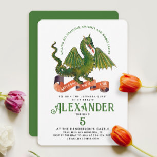 Invitación Divertido Cute Medieval Green Dragon Knight Quest 
