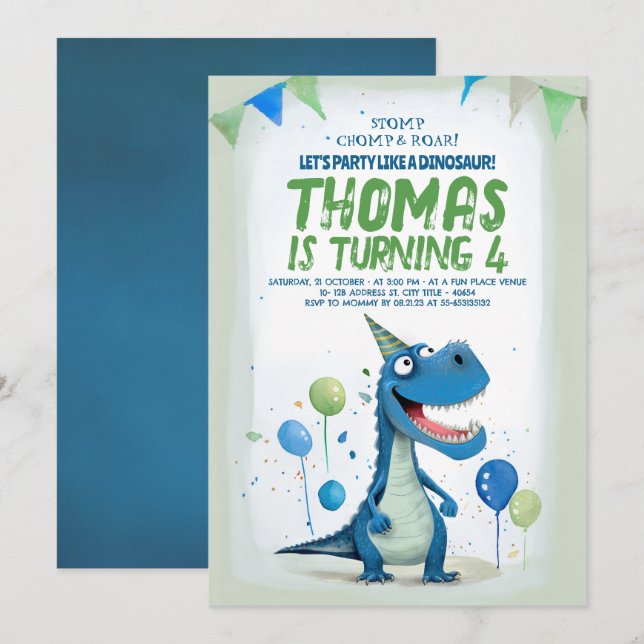 Invitación Divertido Dinosaurio Azul y Verde Cumpleaños (Anverso / Reverso)