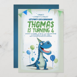 Invitación Divertido Dinosaurio Azul y Verde Cumpleaños