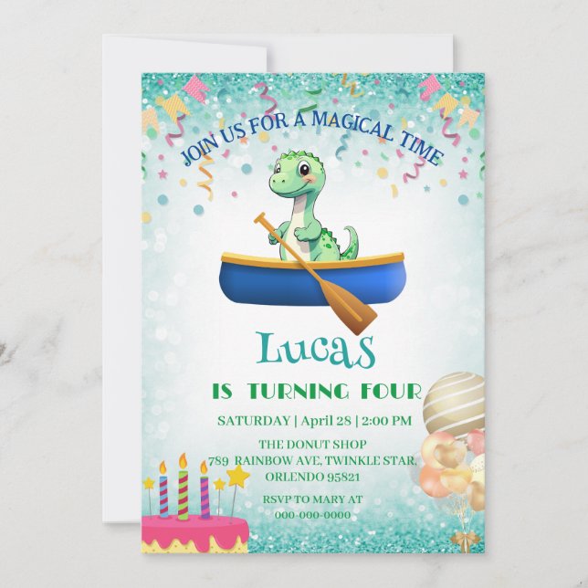 Invitación Divertido dinosaurio Kayak Niños fiesta de cumplea (Anverso)