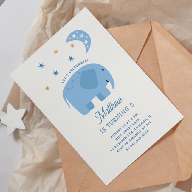 Invitación Divertido elefante azul y luna. Aniversario del ni (Subido por el creador)