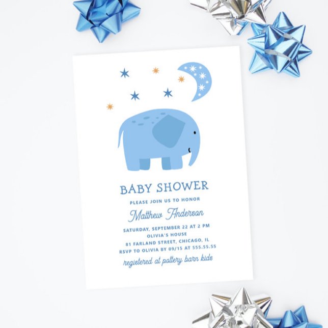 Invitación Divertido elefante azul y luna. Ducha de bebé (Subido por el creador)