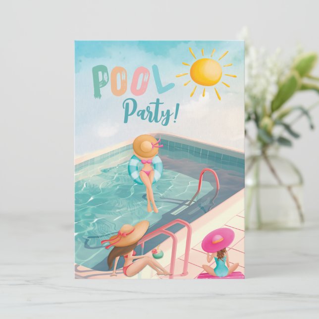 Invitación Divertido Fiesta de la piscina de verano acuarela  (Anverso de pie)