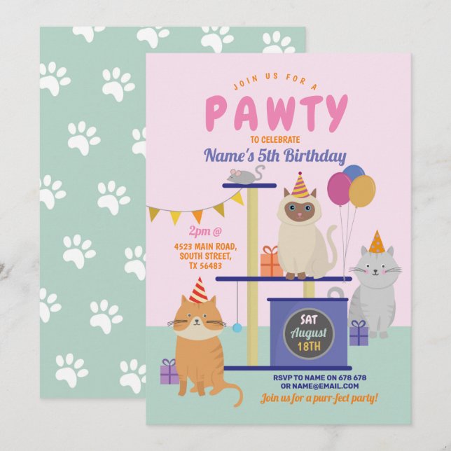 Invitación Divertido gato Kitten Paw Chicas de cumpleaños (Anverso / Reverso)