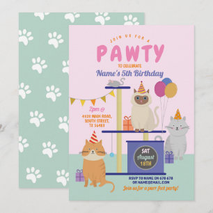 Invitación Divertido gato Kitten Paw Chicas de cumpleaños