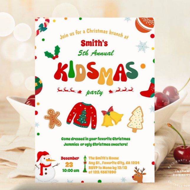 Invitación Divertido Kidsmas Navidades Fiesta de cumpleaños (holiday party invitation, christmas brunch, kidsmas, kidsmas party, annual party, kidsmas christmas )
