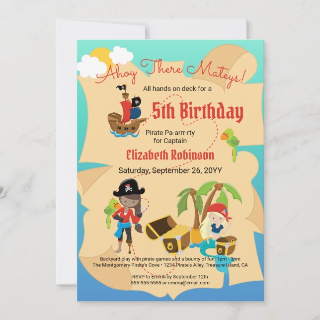Invitación Divertido mapa del tesoro lindo Chica pirata fiest (Anverso)