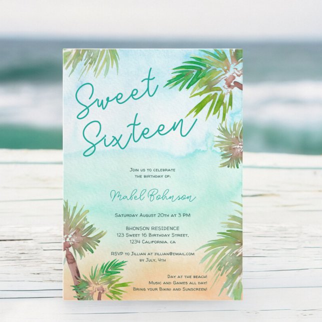 Invitación Divertido palmeras tropicales acuarela playa Sweet (Fun Tropical palm trees watercolor beach Sweet 16 Invitation)