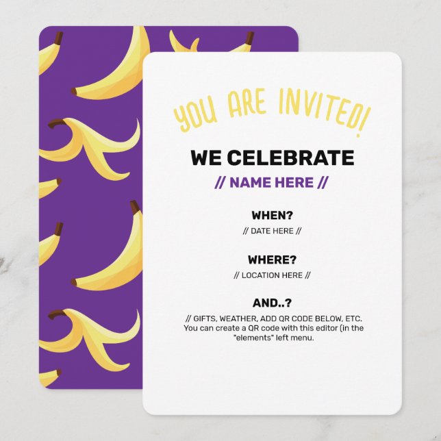 Invitación Divertido patrón de fiesta con chistes de plátano  (Anverso / Reverso)