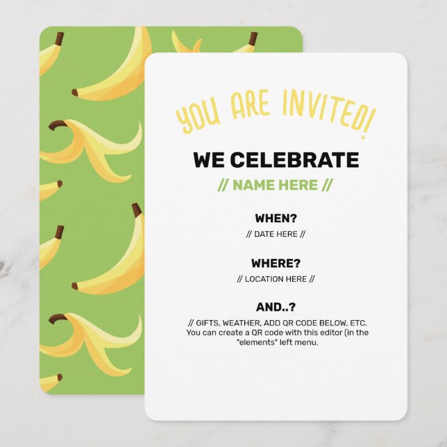 Invitación Divertido patrón de fiesta con chistes de plátano  (Anverso / Reverso)