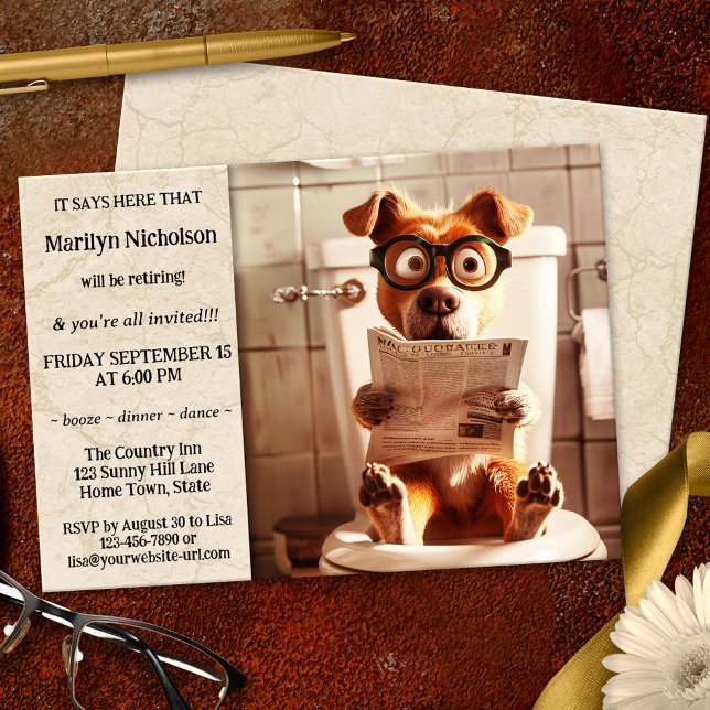 Invitación Divertido perro Fiesta de Jubilación Whimsical (Whimsical retirement party invitation featuring a funny dog on a toilet seat reading the newspaper)