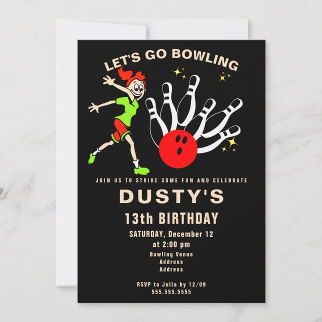 Invitación Divertido Personalizado Bowling Teatro Chica Fiest (Anverso)