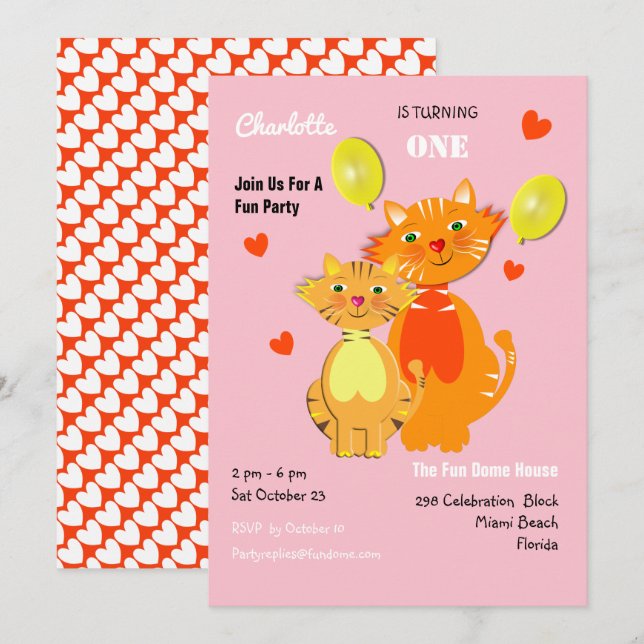 Invitación Divertido Personalizado Kitty Cats Adorable Fiesta (Anverso / Reverso)