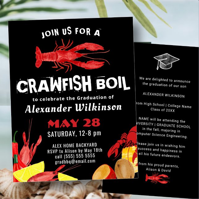 Invitación Divertido Red Black Crawfish Boil Graduación BBQ F (Subido por el creador)