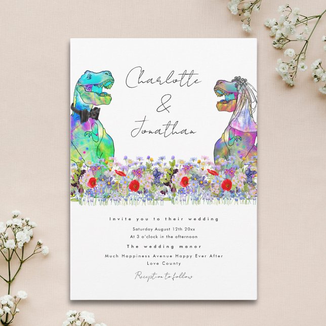 Invitación Divertido tema de dinosaurio florín silvestre colo (Fun dinosaur theme wedding invitation with colorful watercolor wildflowers)