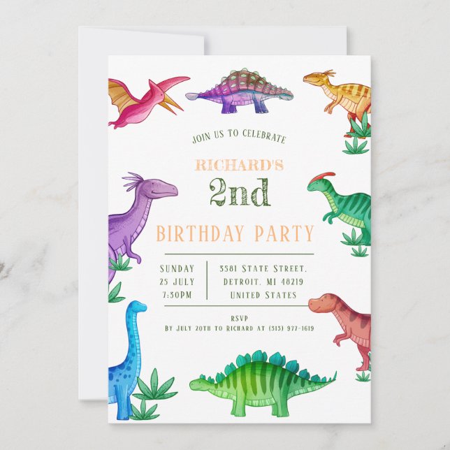 Invitación Divertido tema de dinosaurio infantil celebración  (Anverso)
