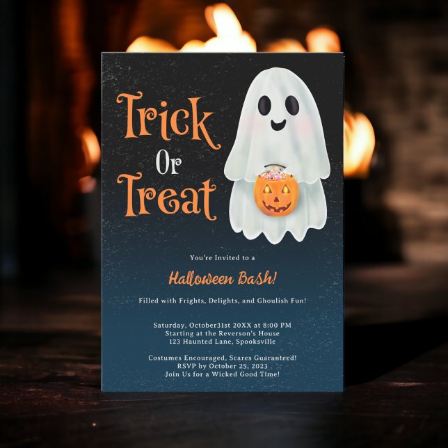 Invitación Divertido truco para tratar la calabaza fantasma e (Fun Trick or treat ghost pumpkin Halloween party Invitation)