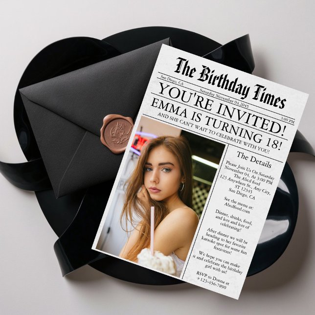 Invitación Divertido único de periódico foto 18 cumpleaños (Subido por el creador)