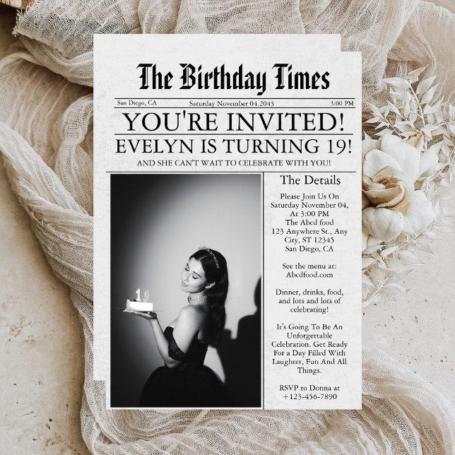 Invitación Divertido único de periódico foto 19 cumpleaños (Subido por el creador)