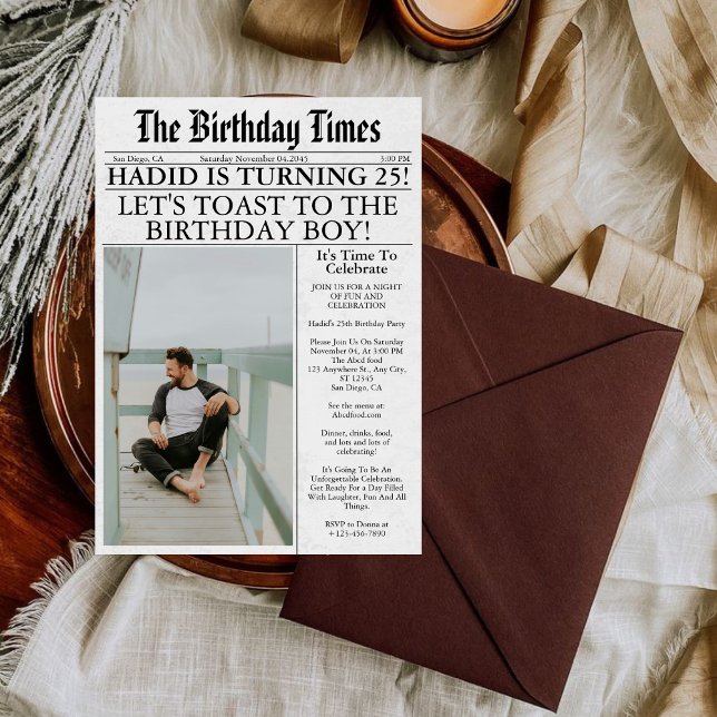 Invitación Divertido único de periódico foto 25 cumpleaños (Subido por el creador)