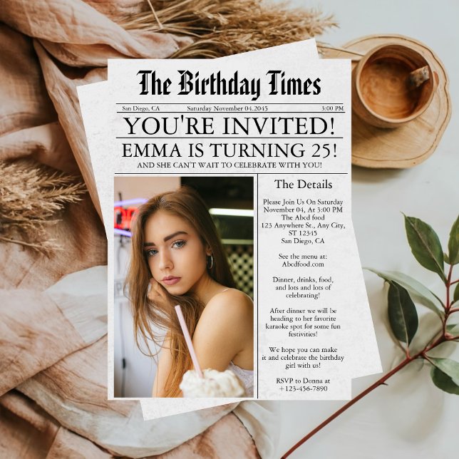 Invitación Divertido único de periódico foto 25 cumpleaños (Subido por el creador)