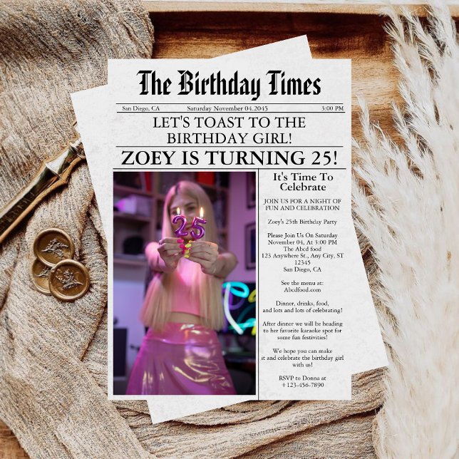 Invitación Divertido único de periódico foto 25 cumpleaños (Subido por el creador)