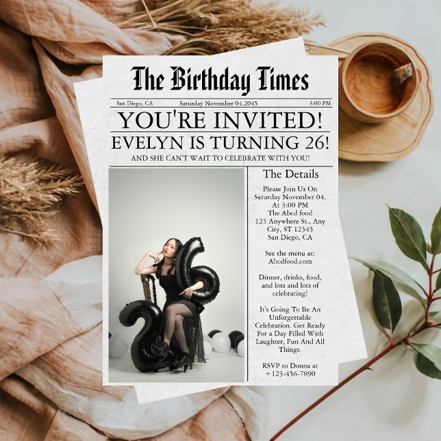Invitación Divertido único de periódico foto 26 cumpleaños (Subido por el creador)
