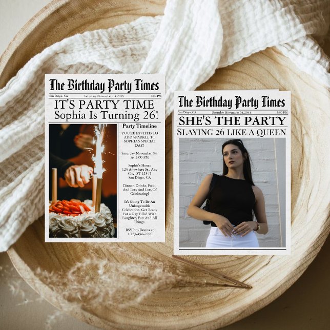 Invitación Divertido único de periódico foto 26 cumpleaños (Subido por el creador)