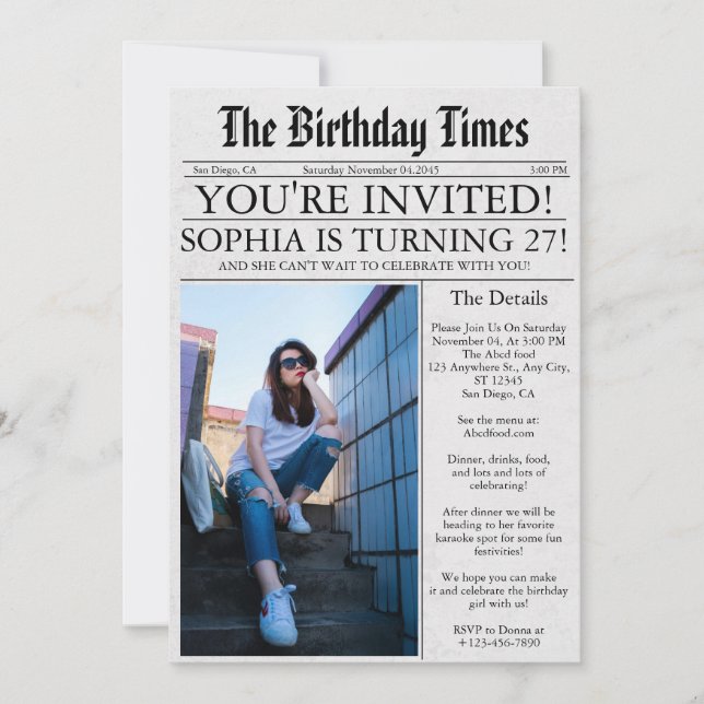 Invitación Divertido único de periódico foto 27 cumpleaños (Anverso)