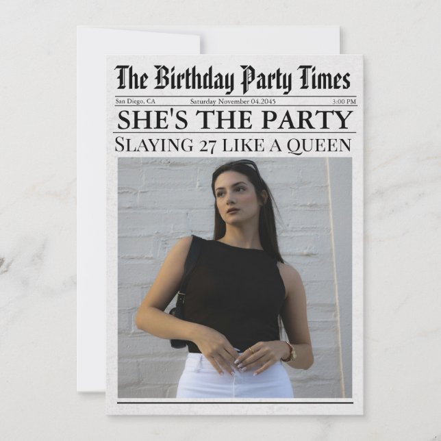 Invitación Divertido único de periódico foto 27 cumpleaños (Anverso)