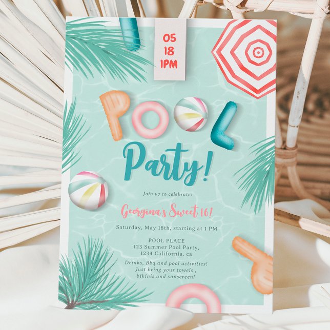 Invitación Divertido verano fiesta guión acuarela Dulce 16 (Fun summer pool party script watercolor Sweet 16 Invitation)