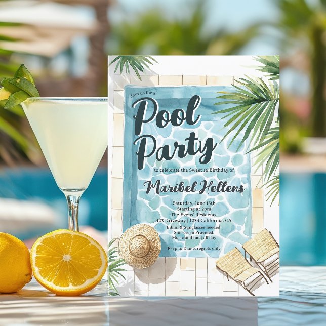 Invitación Divertido verano tropical acuarela piscina Fiesta  (Fun Summer Tropical Watercolor Pool Party Sweet 16 Invitation)